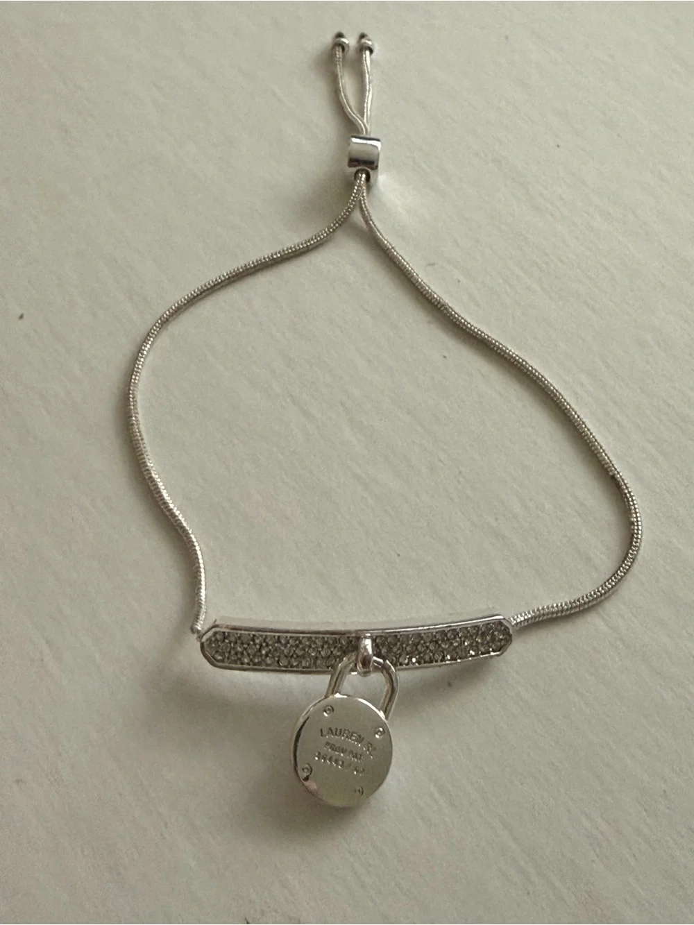 Lauren Ralph Lauren Crystal Pavé Padlock Adjustable Bolo Bracelet Silver Tone